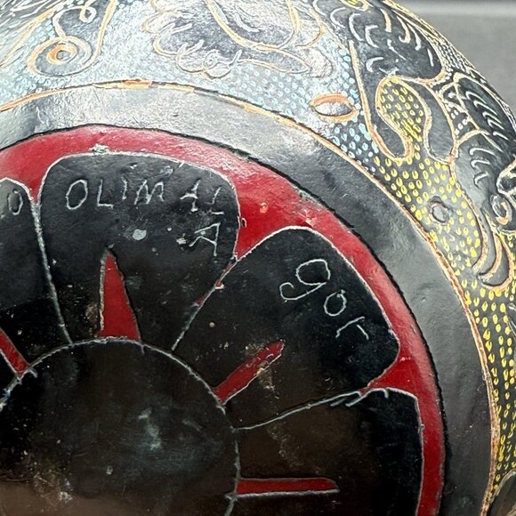 Hand Carved Colorful Gourd Bowl Folk Art Birds Decorative Signed - Picture 7 of 9